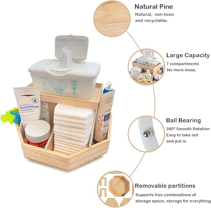 ECOADE Wooden Diaper Caddy Organizer - 360 Degrees Rotating Caddy with Removable Dividers, Nursery Diaper Organizer