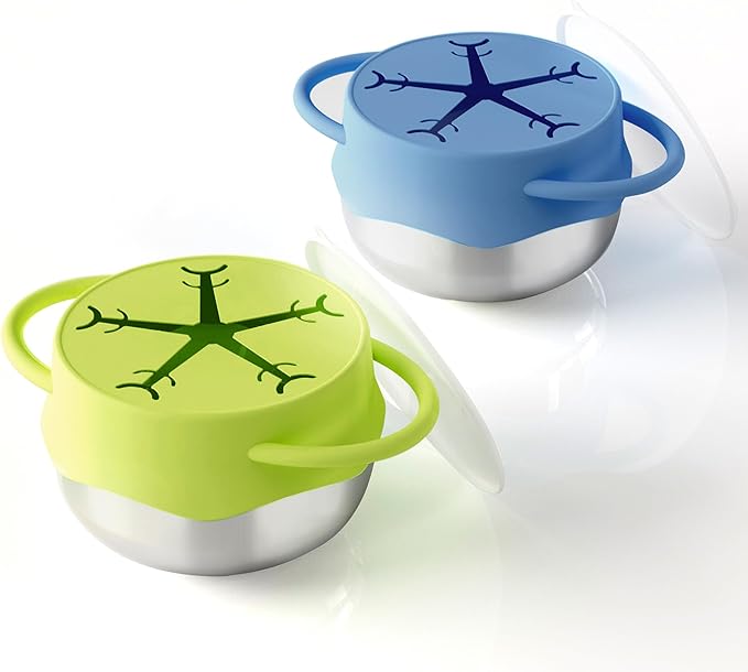 2 Pack Baby Stainless Steel Snack Containers for Toddlers with Spill-Proof Silicone Lids & Dual Handles - Kids Snack Box, Toddler Snack Cups, Perfect for Healthy Eating (Blue+Green)