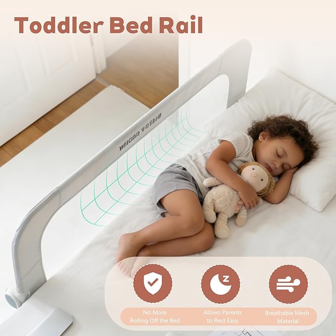 Bed Rail for Toddlers, 47in Folding Toddler Bed Rail Guard with Reinforced Anchor System & Sturdy Metal Frame, Portable Bed Railing for Baby Fits Crib,Twin, Queen & King Bed, Breathable Mesh