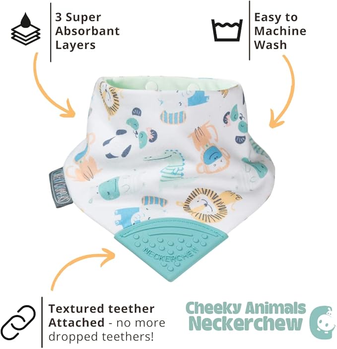 Cheeky Chompers Neckerchew Teething Bib, 2-in-1 Bandana Style Bib w/Food Grade Silicone Teether