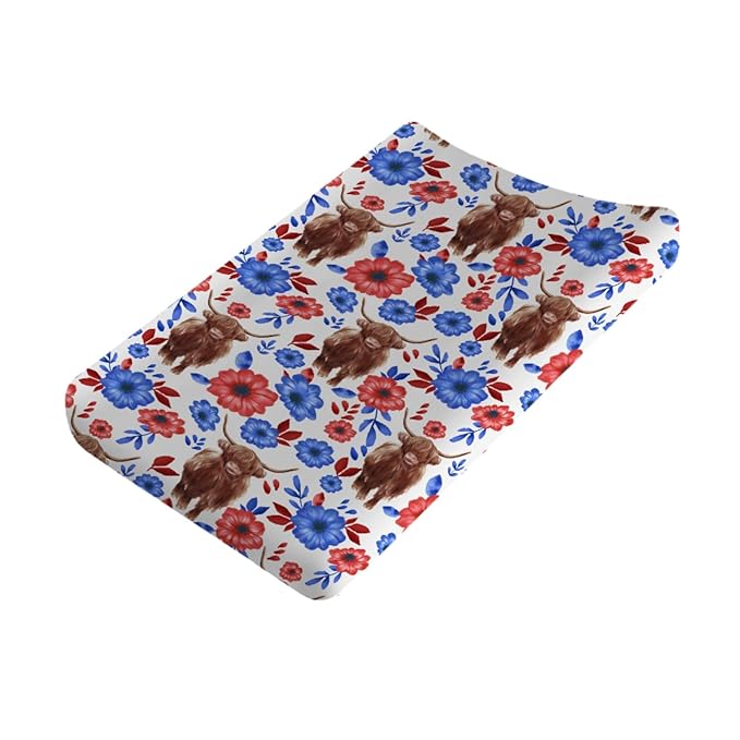 Highland Cows Floral Changing Pad Covers Highland Yak Flowers Leaves Diaper Change Table Pad Covers for Baby Girls and Boys Soft Breathable Stretch Changing Table Cover 32''x16'' Blue Red Flowers