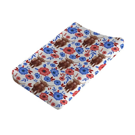 Highland Cows Floral Changing Pad Covers Highland Yak Flowers Leaves Diaper Change Table Pad Covers for Baby Girls and Boys Soft Breathable Stretch Changing Table Cover 32''x16'' Blue Red Flowers