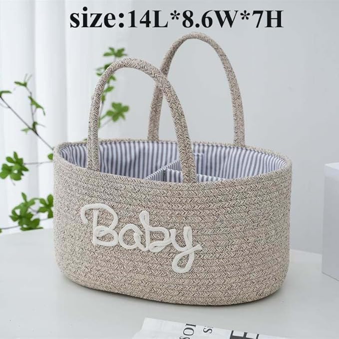Diaper Caddy Organizer for Changing Table, Cotton Rope Baby Storage Basket for Diaper Wipes, Car Caddy Organizer, Nursery Diaper Organizer With Divider, Portable Diaper Storage -Brown