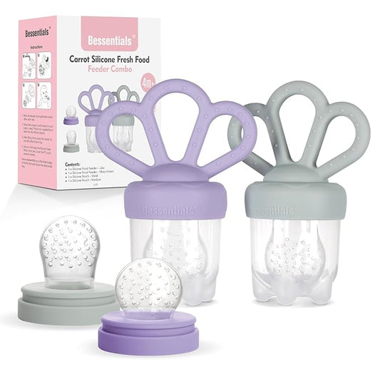 Carrot Baby Fresh Fruit Food Feeder & 2 Pack Silicone Mesh Feeders | Safe Infant Self-Feeding|Includes 3 Sizes of Food Pouches |Suitable for Baby 4M+|BPA-Free (Lilac & Misty Green)