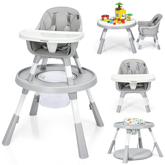 BABY JOY 7 in 1 Baby High Chair, Convertible High Chairs for Babies and Toddlers, Building Block Table, Toddler Chair with Adjustable Legs, Removable Tray, Storage Basket, Safety Harness (Gray)