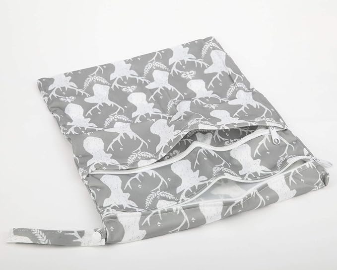 2 Wet Bags Reusable Diaper Nappy Waterproof With Two Zippered Pockets (Gray Arrow and Deer Heads)