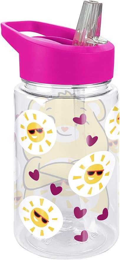 LOGOVISION Care Bears Kids Tritan Plastic Water Bottle with Straw Lid and Handle, Reusable Tumbler for Toddlers, Unisex for Girls and Boys, 12oz, Funshine Bear Belly Pattern