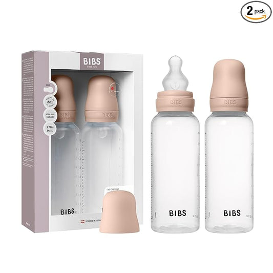 BIBS Baby Bottles 2-Pack, 9.1 Oz, Silicone Nipple, Anti-Colic System for Gas Reduction., BPA-Free, Lightweight & Easy to Clean, Suitable for Newborns 0+ Years - 270 ml (Pack of 2) Blush