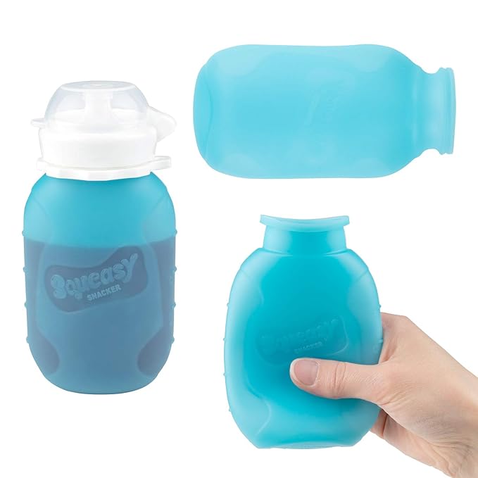 Blue 6 oz Squeasy Snacker Spill Proof Silicone Reusable Pouch - For Soft Foods & Liquids - Water, Apple Sauce, Yogurt, Smoothies, Baby Food - Dishwasher Safe