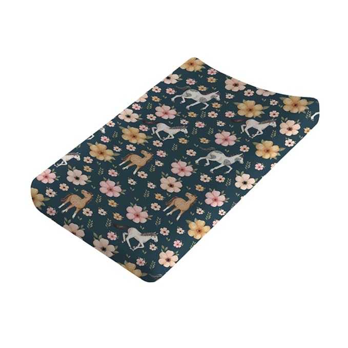 Changing Pad Covers Watercolor Horse Floral Baby Diaper Changing Pad Cover for Boys Girls Soft Breathable Stretch Fitted Diaper Change Table Pad Covers 32''x16'' Navy