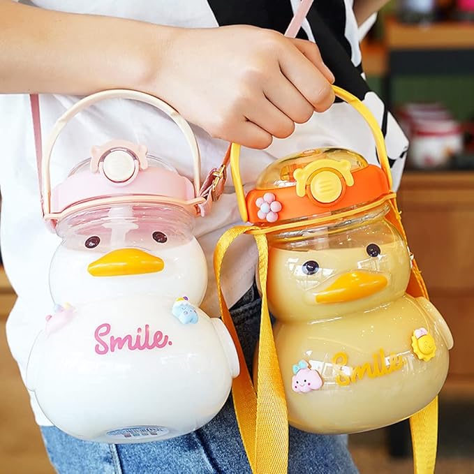 Large Cute Duck Water Bottle with Straw and Strap 34oz Kawaii Duck Water Bottle with 3D Stickers for Kids Toddler Girls School Sports Travel Leakproof Portable Handle Hot and Cold Bottles (Pink)