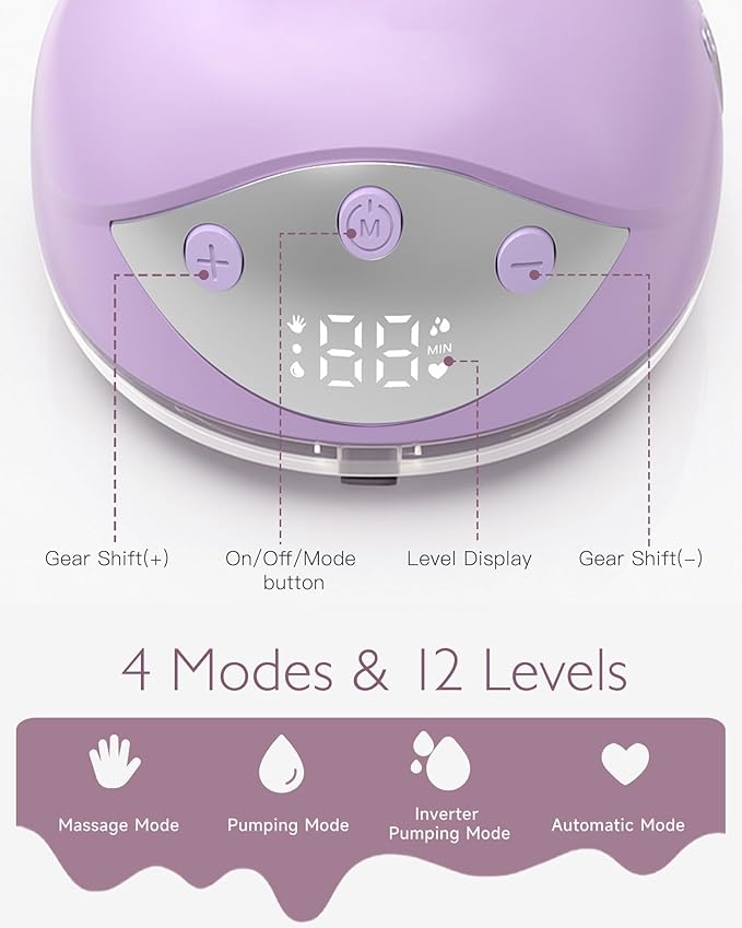 Wearable Breast Pump Hands Free, 4 Modes & 12 Suction Levels, Painless 300mmHg Suction Portable Electric Pump, Adjustable Flanges 19/21/24mm for Working Moms & On-The-Go Pumping, 2 Pack Purple