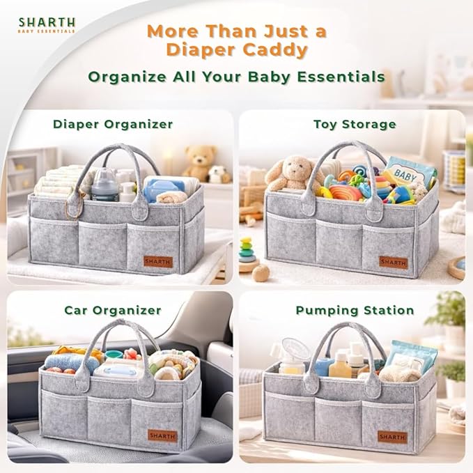Sharth Baby Diaper Caddy Organizer with Handle, Baby Shower Gifts Basket Bag, Registry Search Must Haves Items, Nursery Storage Organizer for Newborn Girl Boy, Car Diaper Caddy (Gray)