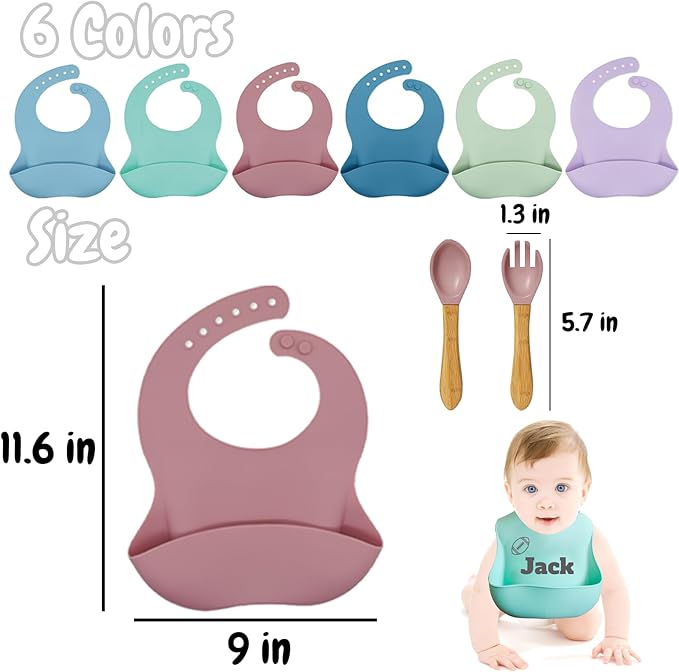 FCQIANKM Personalized Silicone Baby Bibs Spoon and Fork Set with Name Icon Custom Toddler Bibs Personalized Baby Gifts