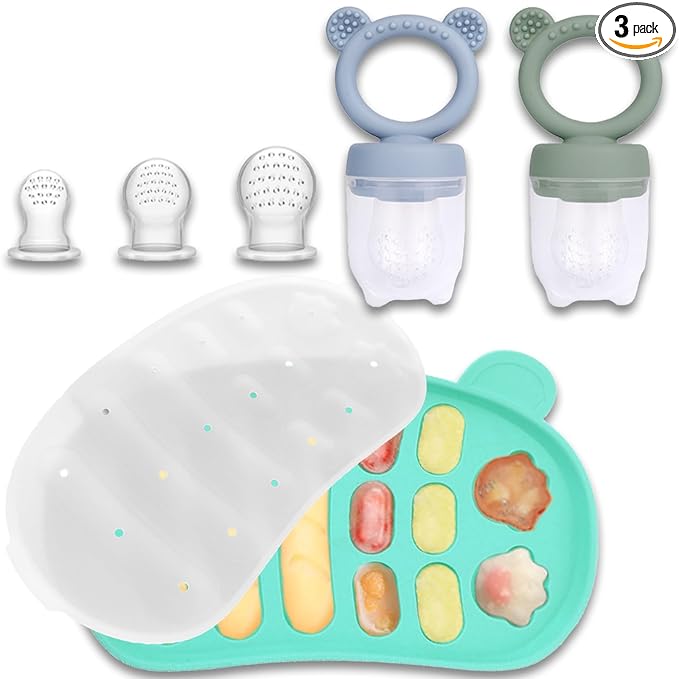 JEXFUN Silicone Baby Fruit Food Feeder Pacifier & Freezer Tray Set, Breastmilk Popsicle Mold for Teething, Silicone Baby Food Storage Containers for Baby Teething & Infant Self Feeding, BPA Free, B