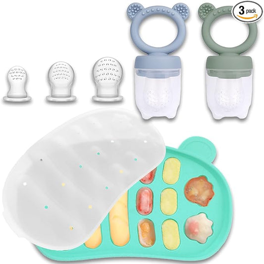 JEXFUN Silicone Baby Fruit Food Feeder Pacifier & Freezer Tray Set, Breastmilk Popsicle Mold for Teething, Silicone Baby Food Storage Containers for Baby Teething & Infant Self Feeding, BPA Free, B