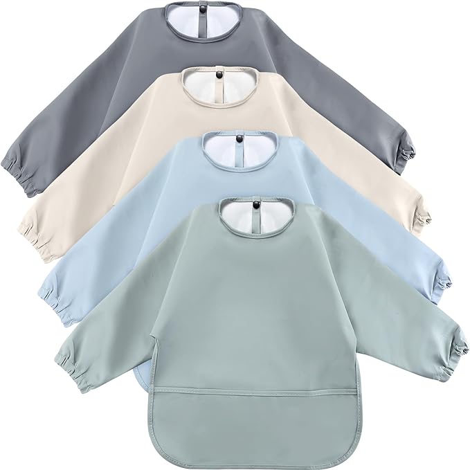 JaGely 4 Pack Long Sleeve Baby Bibs Waterproof Smock Bid with Elastic Cuffs Large Pocket for Baby Eating Feeding 6-36 Months