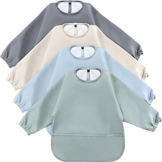 JaGely 4 Pack Long Sleeve Baby Bibs Waterproof Smock Bid with Elastic Cuffs Large Pocket for Baby Eating Feeding 6-36 Months