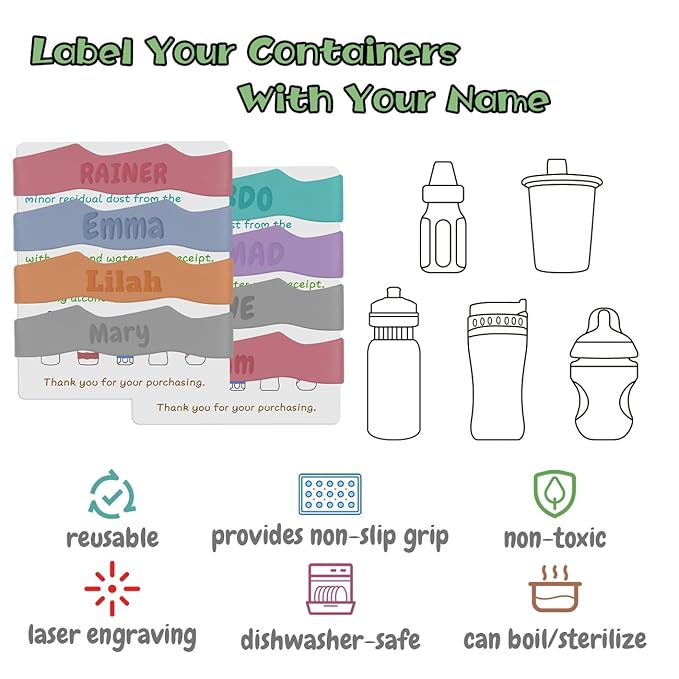 4 Pack Personalized Baby Bottle Name Bands, Custom Silicone Water Bottle Labels for Daycare Reusable, Laser Engraving Toddler Name Tags, Waterproof Customized Kids Cup Identifier Rubber Ring Removable