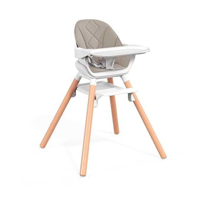 Baby High Chair, 6 in 1 Convertible High Chairs for Babies and Toddlers, Easy Clean Highchair with Removable Double Tray, 5-Point Harness, Reversible Footrest, Beech Wood Legs, Champagne