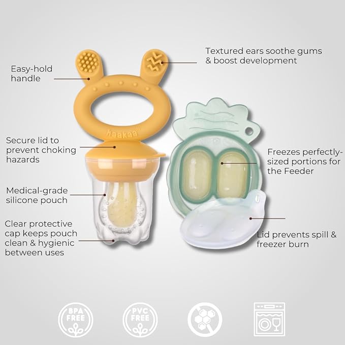 Haakaa Freeze-N-Feed Mini Combo with Silicone Food Feeder & Silicone Mini Nibble Tray|Baby Solid Food Self Feeder|Breastmilk Popsicle Mold Storage & Feeder for Soothing Baby Gums 1 PK