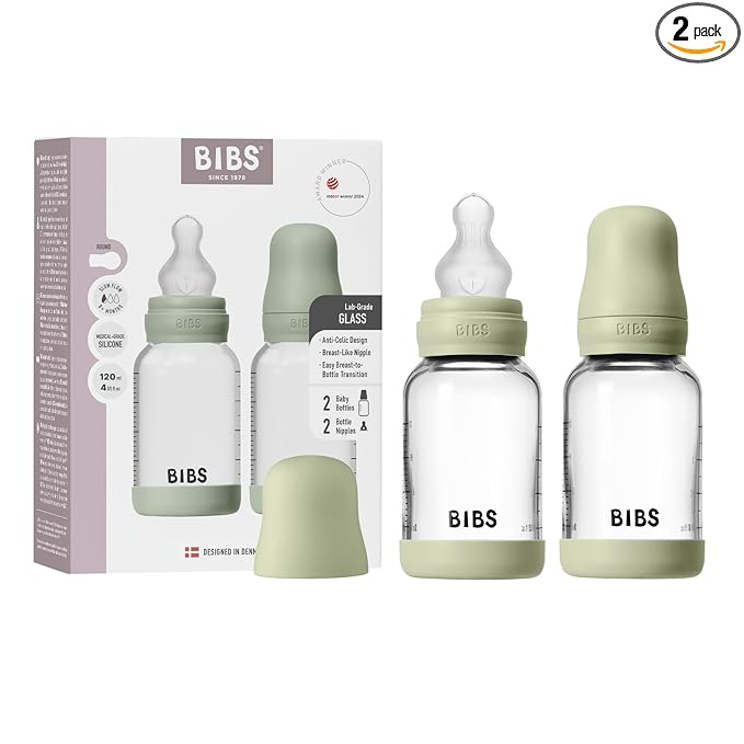 BIBS Glass Baby Bottles 2-Pack, 4 Oz. Anti-Colic System for Gas Reduction. Vented Round Silicone Nipple. Supports Infant and Newborn Breastfeeding - 120 ml (Pack of 2), Sage