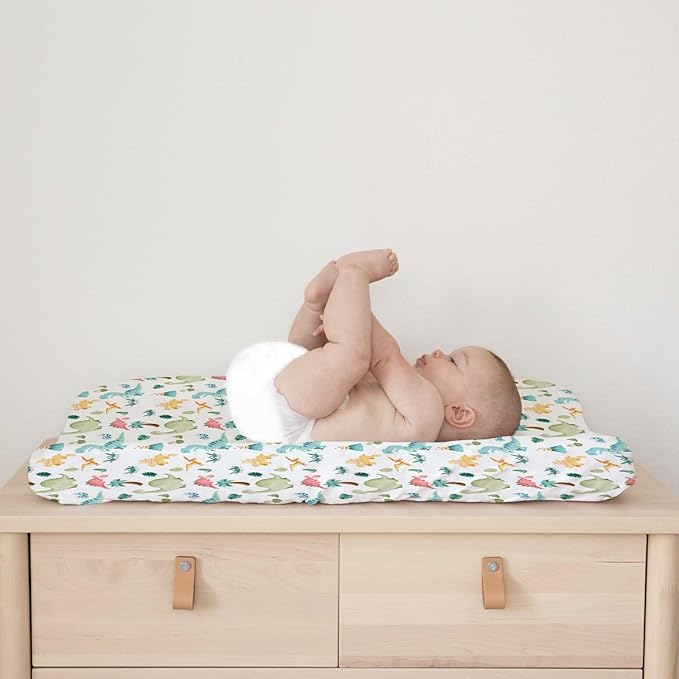 Colorful Dinosaurs Changing Pad Cover Cute Cartoon Dinosaurs Jungle Plam Leaves Diaper Change Table Pad Cover for Boys Girls Soft Breathable Stretch Fitted Changing Mat Sheets 32''x16''
