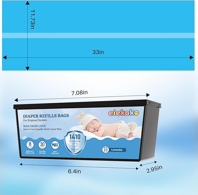 Diaper Refill Bag 7-Layer Odor Control Extra Thick for Genie Easy Roll & Platinum Pail, 3-Pack (90 Bags), Holds Up to 4200 Newborn Diapers
