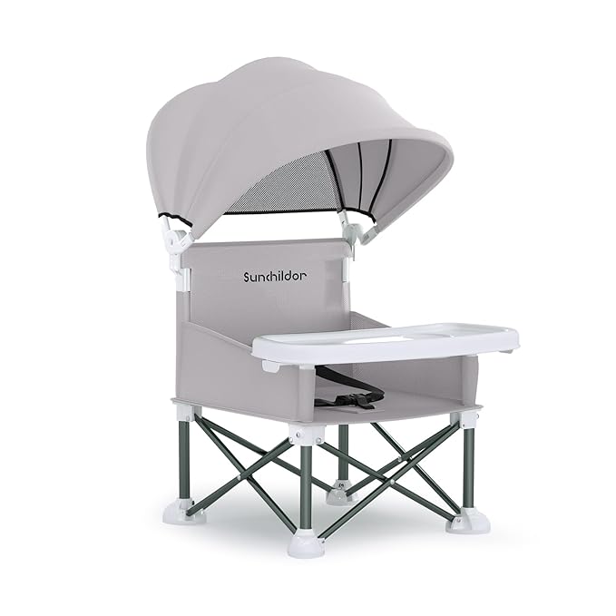 Portable Baby Booster Seat with Removable Tray & Canopy - 3 Point Safety Harness, Compact Fold for Travel, Indoor Outdoor Use for Infants & Toddlers, Gray