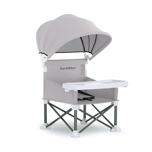 Portable Baby Booster Seat with Removable Tray & Canopy - 3 Point Safety Harness, Compact Fold for Travel, Indoor Outdoor Use for Infants & Toddlers, Gray
