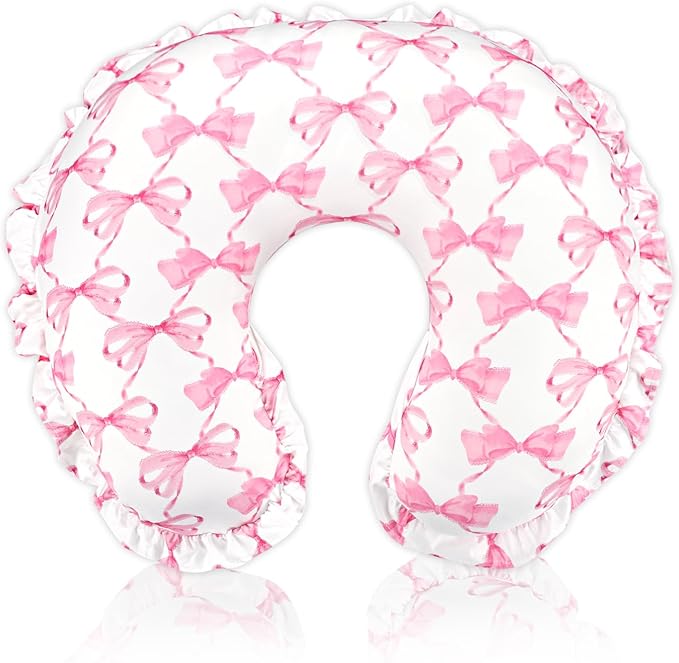 Ruffle Nursing Pillow Cover, Removable Stetchy Case for Breastfeeding Pillows, Ultra Soft and Breathable Feeding Pillow Slipcover with Modern Design Lace for Infant Girls Boys, Pink Bow