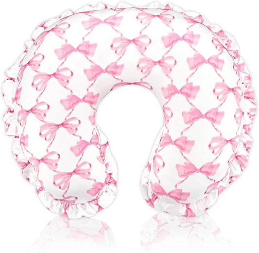 Ruffle Nursing Pillow Cover, Removable Stetchy Case for Breastfeeding Pillows, Ultra Soft and Breathable Feeding Pillow Slipcover with Modern Design Lace for Infant Girls Boys, Pink Bow