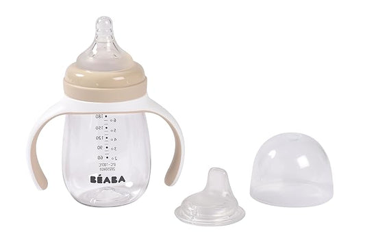 BEABA 2-in-1 Baby Bottle to Transition Sippy Cup, No Spill Sippy Cup, Includes Removable Handles, Silicone Baby Bottle Nipple and Soft Spout, 7 oz Oat