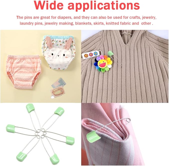 50 PCS Safety Pin 54mm/2.2in Baby Diaper Pins for Cloth Plastic Head Baby Pins for Diapers Stainless Steel Cloth Pins with Locking Closures Nappy Pin for Crafts（DT/Light Green）