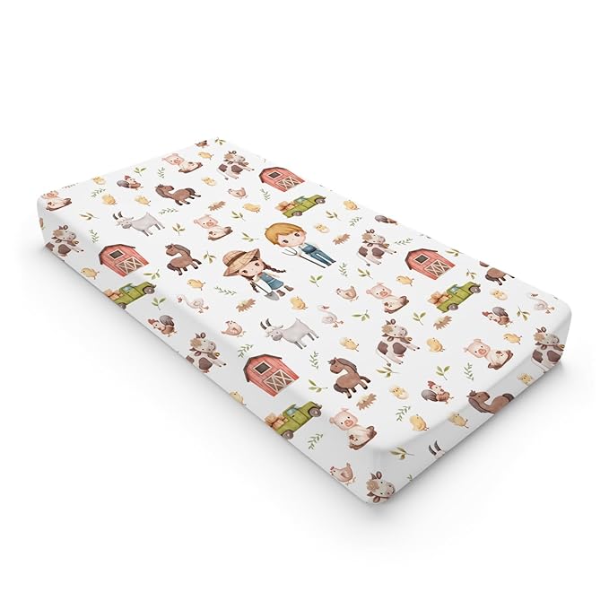 Baby Farm Life Changing Pad Cover for Boy Girl 32''x16'' Farm Animals Pig Goat Horse Cow Chick Rooster Duck Leaves Barn Truck Fitted Changing Pad Sheets Soft Breathable Diaper Change Table Mats