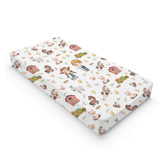 Baby Farm Life Changing Pad Cover for Boy Girl 32''x16'' Farm Animals Pig Goat Horse Cow Chick Rooster Duck Leaves Barn Truck Fitted Changing Pad Sheets Soft Breathable Diaper Change Table Mats