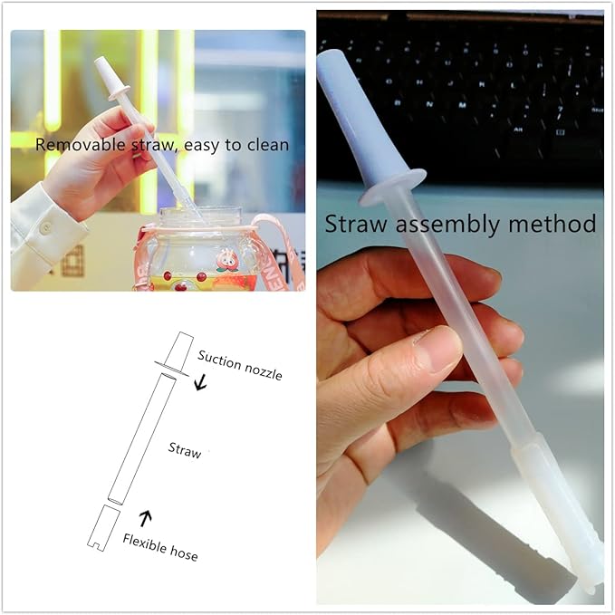 Kawaii Bear Straw Bottle,Leak-Proof Water Bottle with Adjustable & Removable Shoulder Strap for Boy and Girls (Pink)