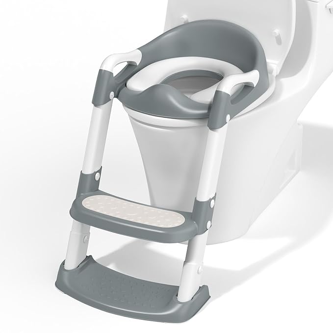 COOSEYA Potty Training Toilet with Step Stool Ladder, Toddler Kids Potty Training Seat for Boys Girls, Foldable Anti-Slip Toilet Toddler Seat Splash Guard Soft Cushion Safety Handles (Grey)
