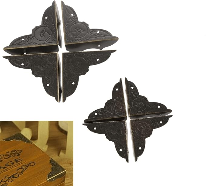 dophee 4 Pack Vintage Corner Protectors, 2.05''x2.05''x0.59'' Antique Bronze Decorative Edge Corner Protectors, Three-Sided Metal Edge Cover with Mounting Nails for Table Jewelry Wooden Box