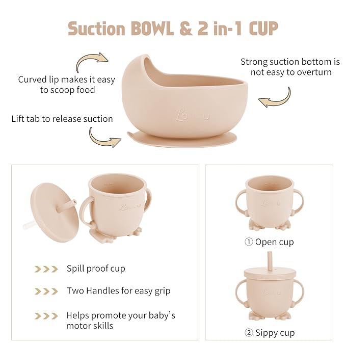 Silicone Feeding Set with Bib, Spoon, Fork, Sippy Cup - Baby Led Weaning Supplies