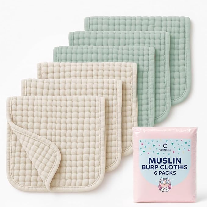 Burp Cloths 6 Pack, 20"x10" Large Size Muslin Fabric, Breathable & Lightweight, Soft & Gentle Burp Cloths Baby Girl & Boy, Machine Washable, Newborn Essentials Must Haves, Green & Beige