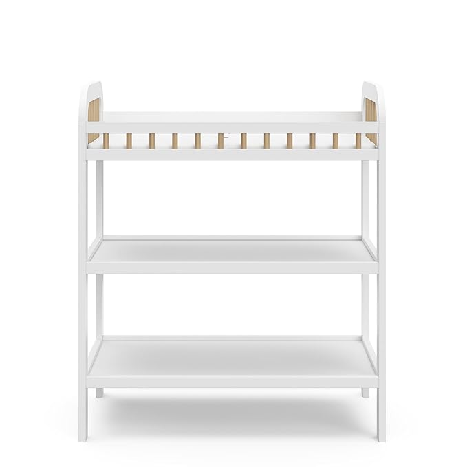 Storkcraft Pasadena Changing Table with Water-Resistant Changing Pad (White with Driftwood) - GREENGUARD Gold Certified, Includes Bonus Water-Resistant Changing Pad with Safety Strap, 2 Open Shelves