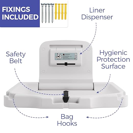 Stardrix Panda Care ADA Compliant Horizontal Wall Mounted Baby Changing Station, Foldable Diaper Changing Table with Liner Dispenser and Safety Straps for Commercial and Home Use
