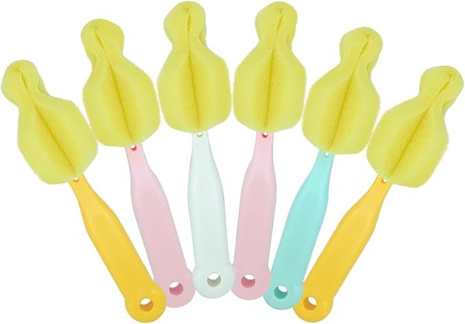 ponge Bottle Brush 6PCS Sponge Nipple Brushes Baby Bottle Nipple Cleaning Brush Long Handle Baby Milk Bottle Brush (6PCS)