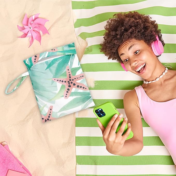 Wet Dry Bag, Wet Bag for Swimsuit, Travel, Beach, Pool, Diapers, Dirty Yoga Gym Clothes, Makeup Bag, Tropical Starfish Summer Vacation Essentials