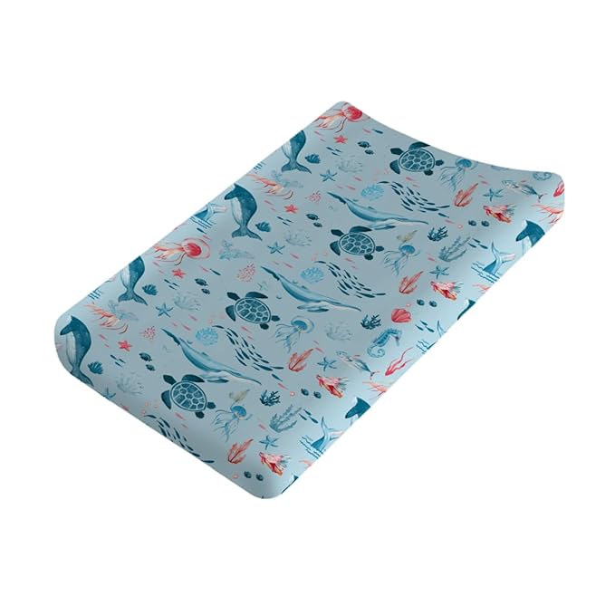 Nautical Animals Life Changing Pad Covers Sea Turtle Whale Jellyfish Sea Horse Weeds Unisex Diaper Change Table Sheets for Boys Girls Soft Breathable Stretch Changing Pad Sheets 32''x16'' Blue