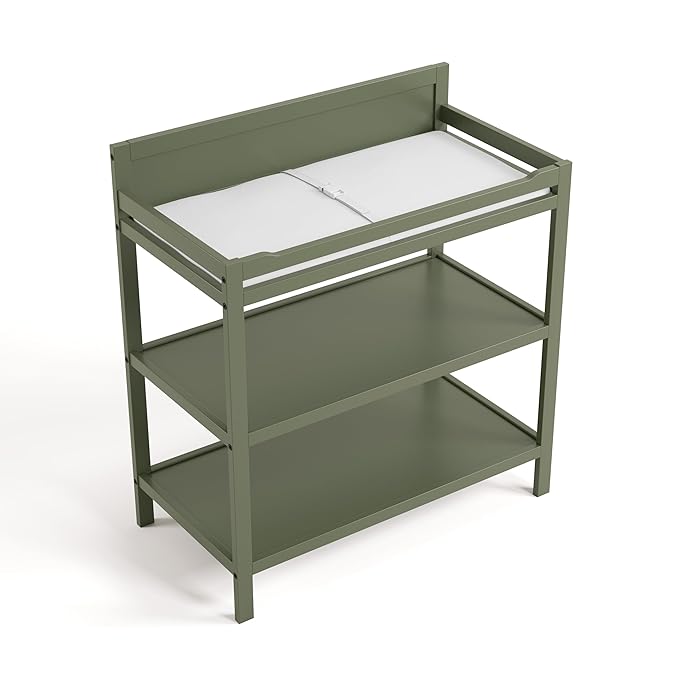 Storkcraft Alpine Changing Table (Olive) - Includes Water Resistant Changing Pad with Safety Strap, 2 Open Shelves for Storage