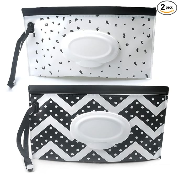 Baby Wipe Dispenser,Portable Refillable Wipe Holder Wipe Dispenser Bag Reusable Travel Wet Wipe Pouch (Black & White)