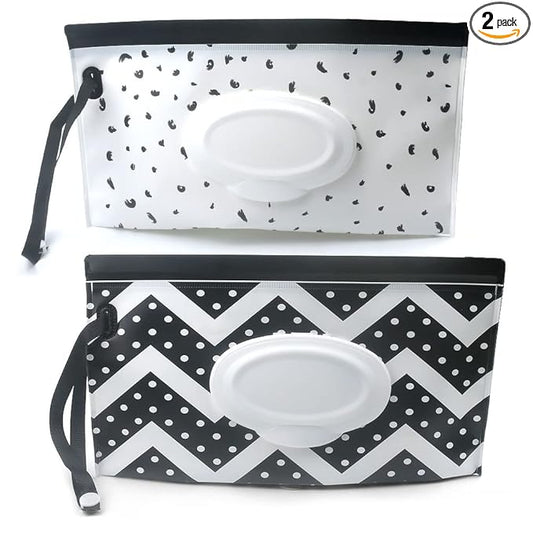 Baby Wipe Dispenser,Portable Refillable Wipe Holder Wipe Dispenser Bag Reusable Travel Wet Wipe Pouch (Black & White)