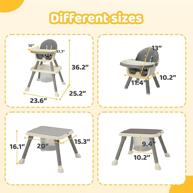 JOYMOR 7 in 1 High Chair for Babies and Toddlers, Convertible Kids Learning Table and Chair with Large Baske for Storage (Gray)